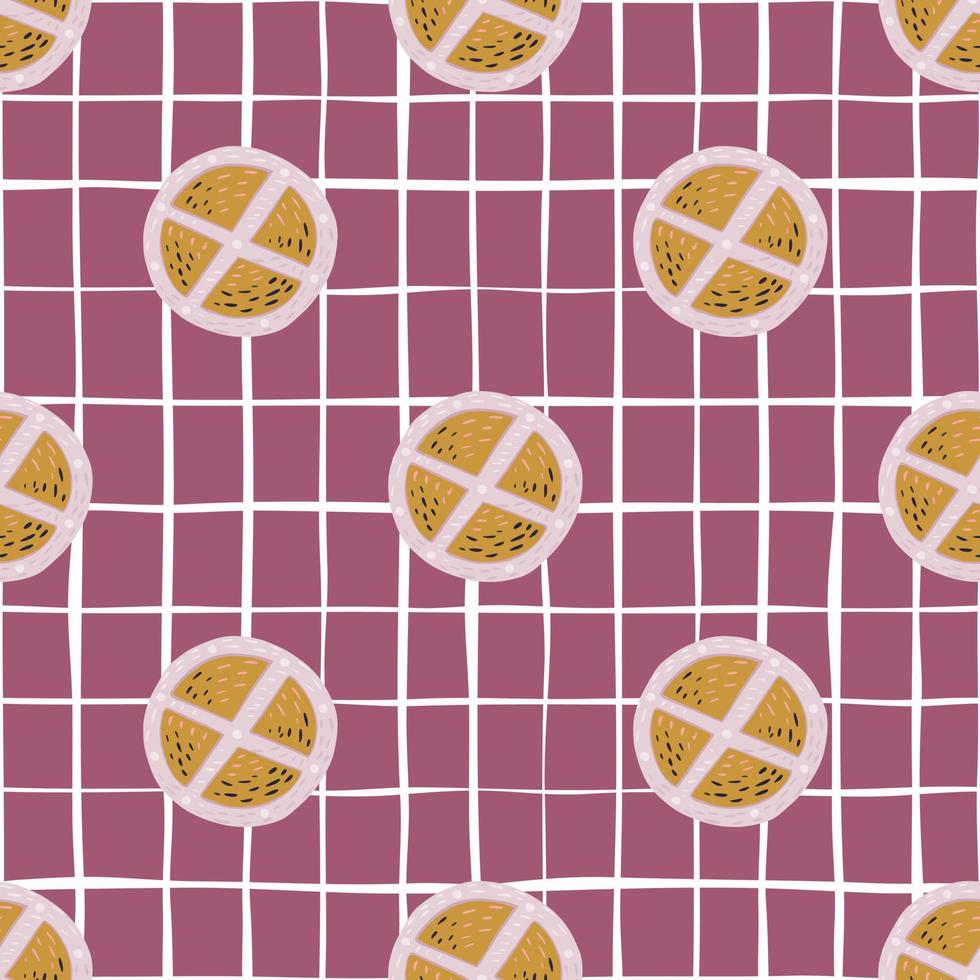 Seamless doodle pattern with orange and grey colored shield ornament. Purple background with check. Medieval print. vector