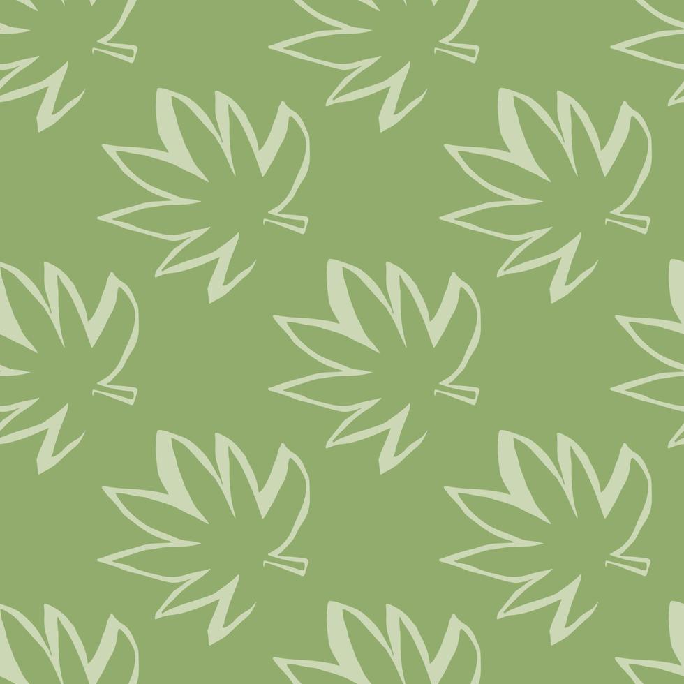 Geometric seamless pattern with green hemp leaves and green background. Marijuana outline silhouette wallpaper. vector