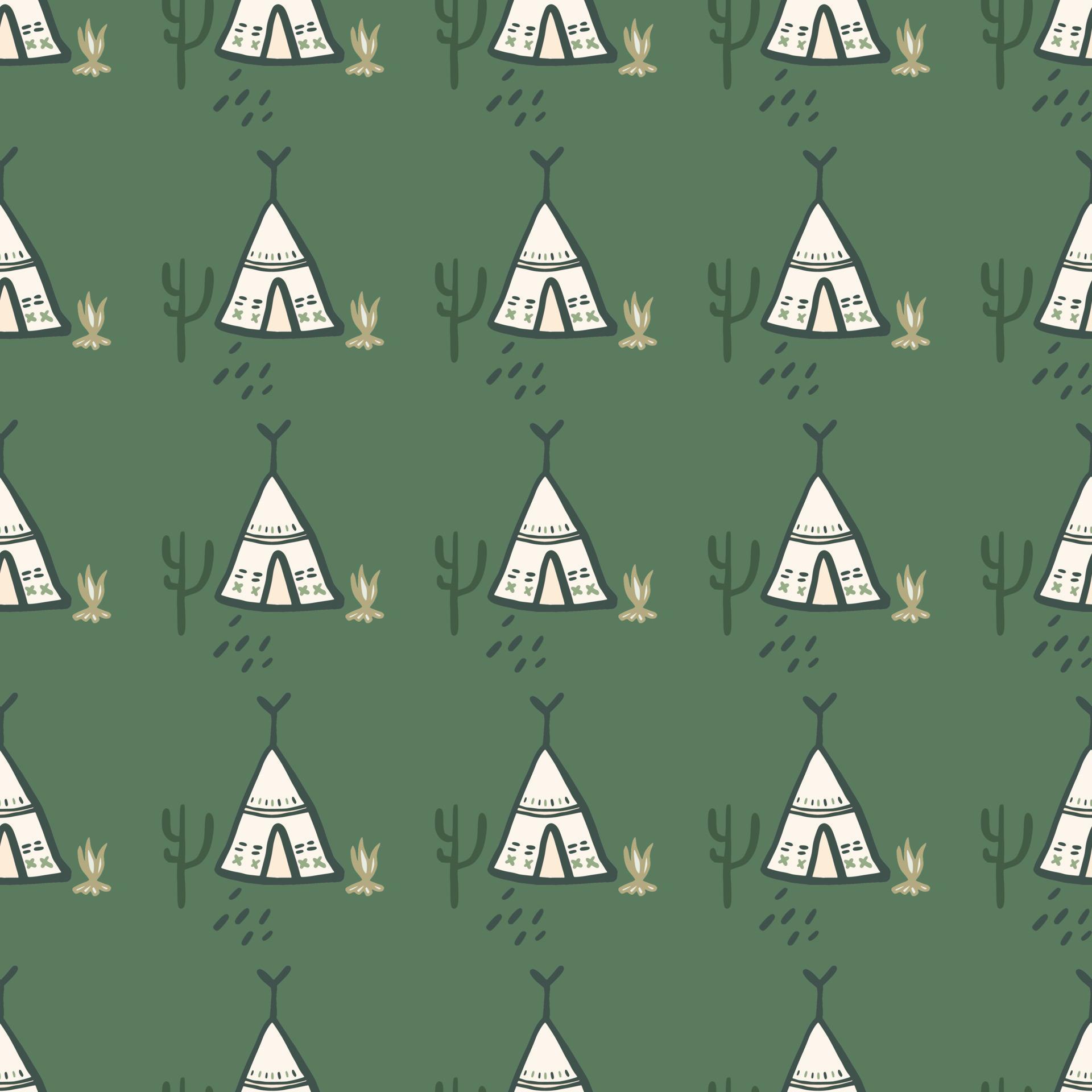 Cute teepee seamless pattern on green background. Native style. Tribal