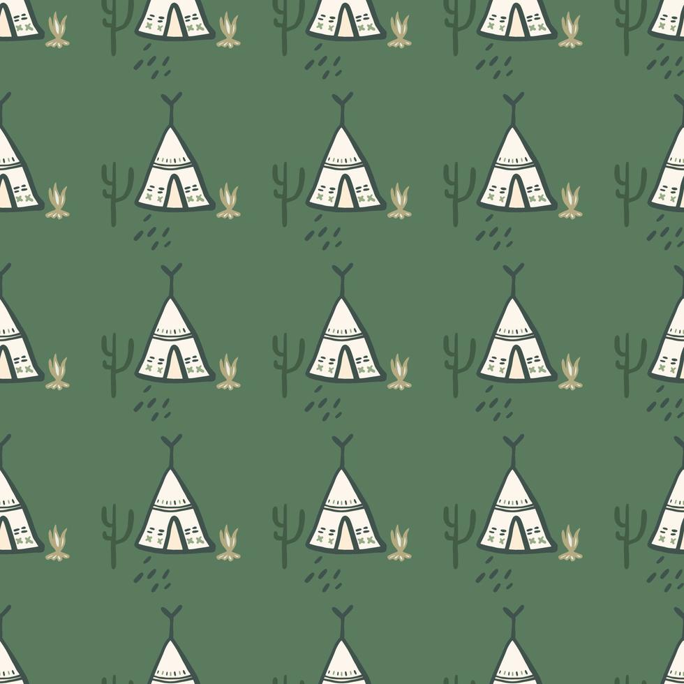 Cute teepee seamless pattern on green background. Native style. Tribal wallpaper. vector