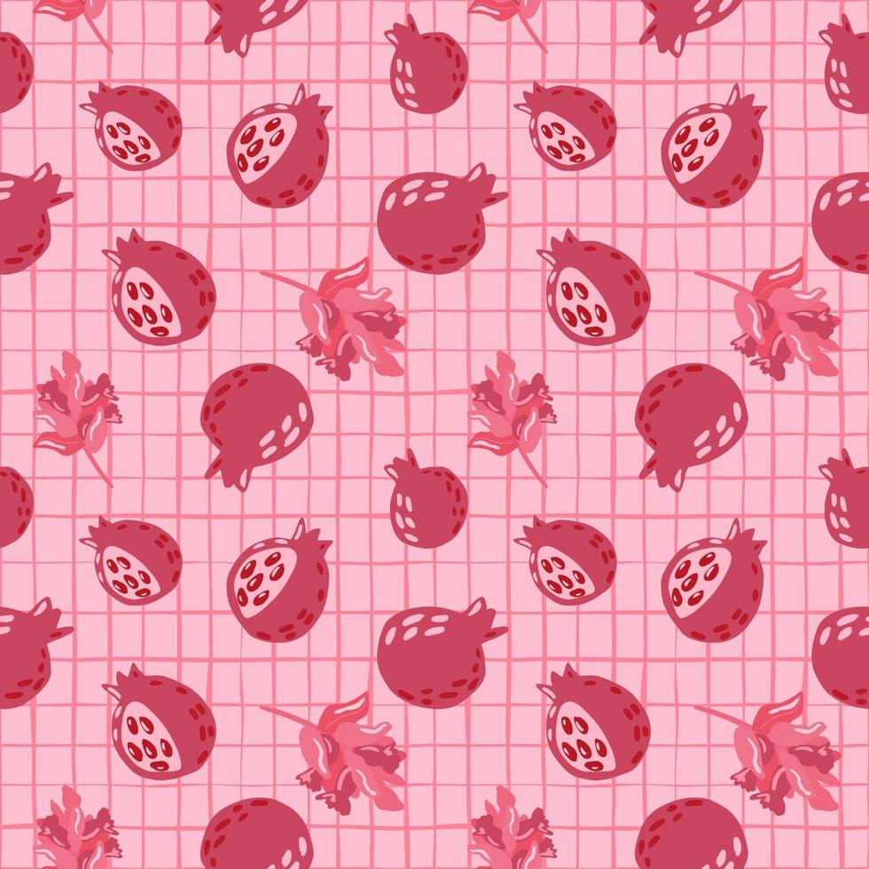 Nature seamless pattern with garnets and branches with berries ornament. Pink and lilac colored artwork with chequered background. vector