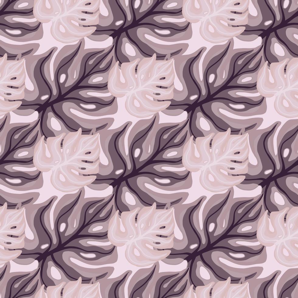 Floral seamless pattern in pastel purple tones with doodle exotic monstera leaves print. Bloom palm print. vector