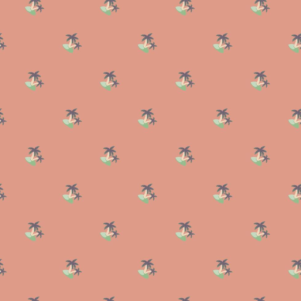 Abstract seamless pattern with decorative small blue island and tree palm print. Pink pastel background. vector