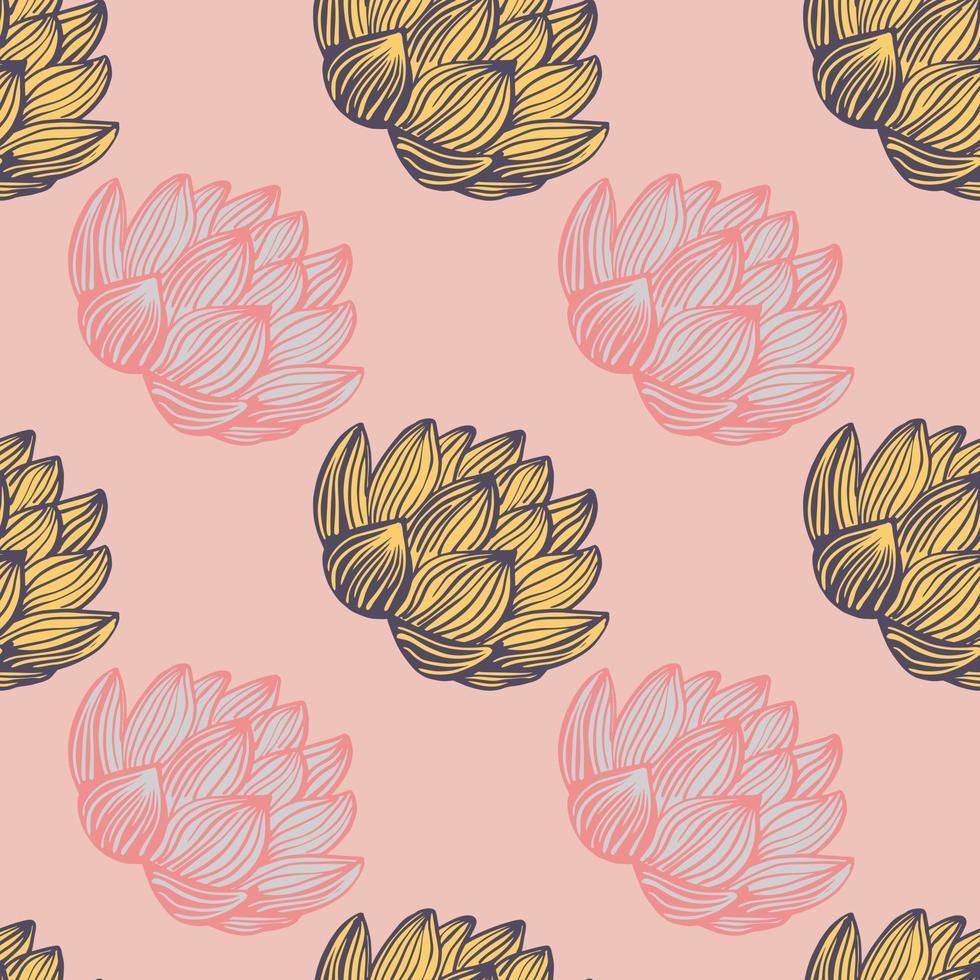 Floral doodle seamless pattern with contoured lotus flowers shapes. Pink pastel palette artwork. Botanic print. vector