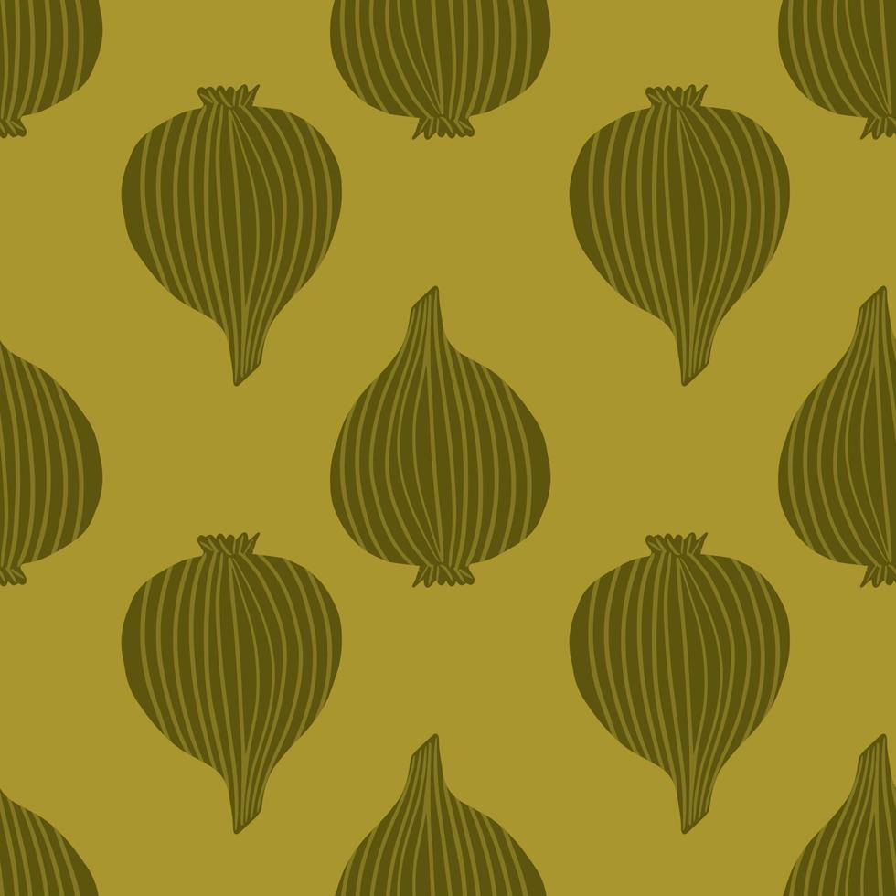 Doodle onion seamless pattern on green background. Organic texture. vector