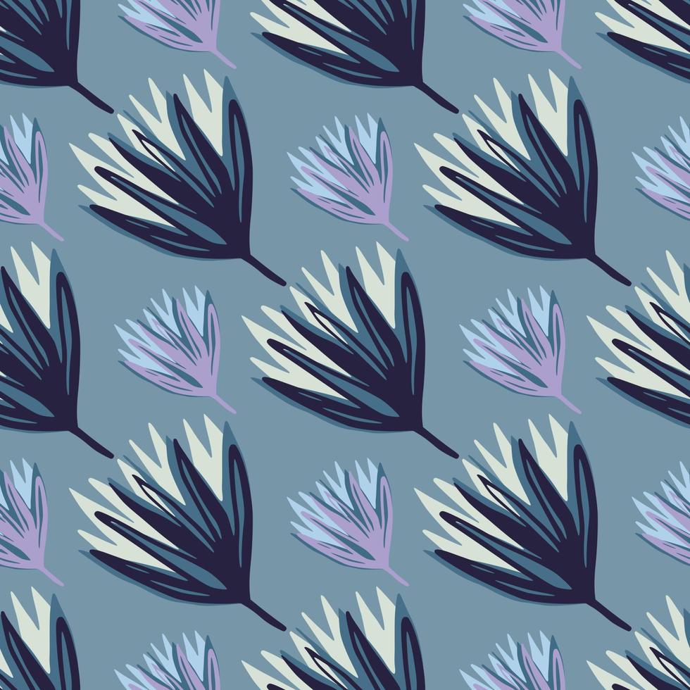 Different sizes tulip ornament seamless pattern. Flower buds in white and navy tones on soft blue background. vector