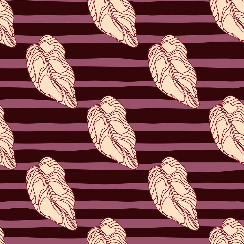 Decorative seamless doodle pattern with contoured leaf ornament. Maroon and pink striped background. vector