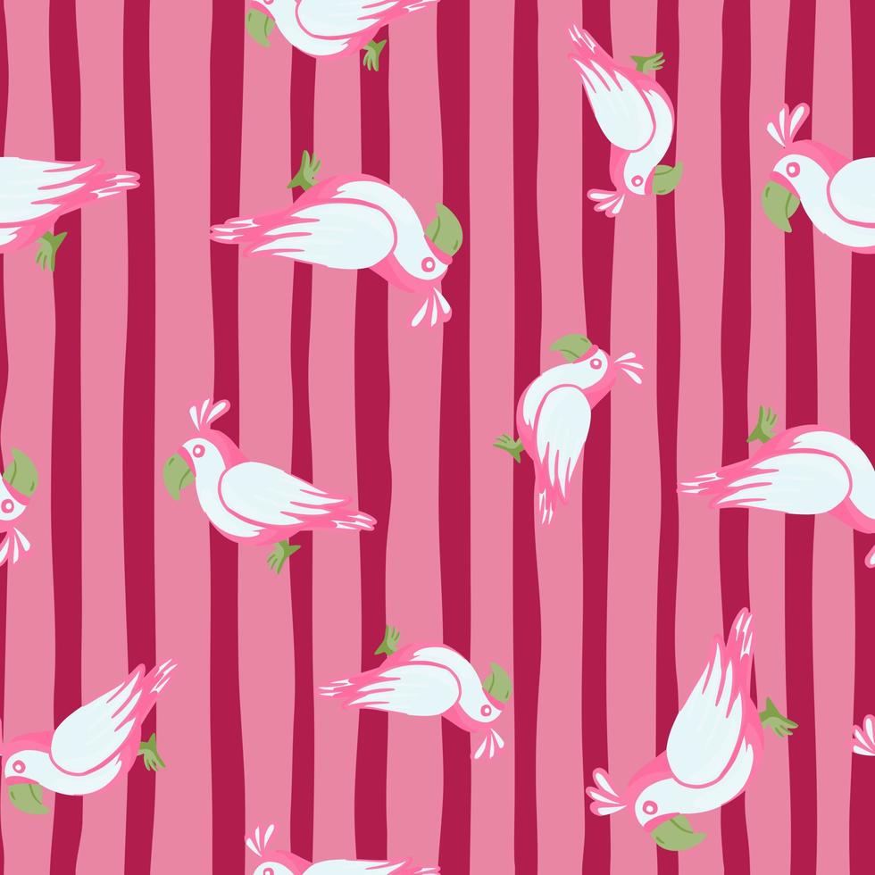 patrón de garabato sin costuras con adorno de pájaro loro al azar. fondo de rayas rosas. estilo divertido simple. vector