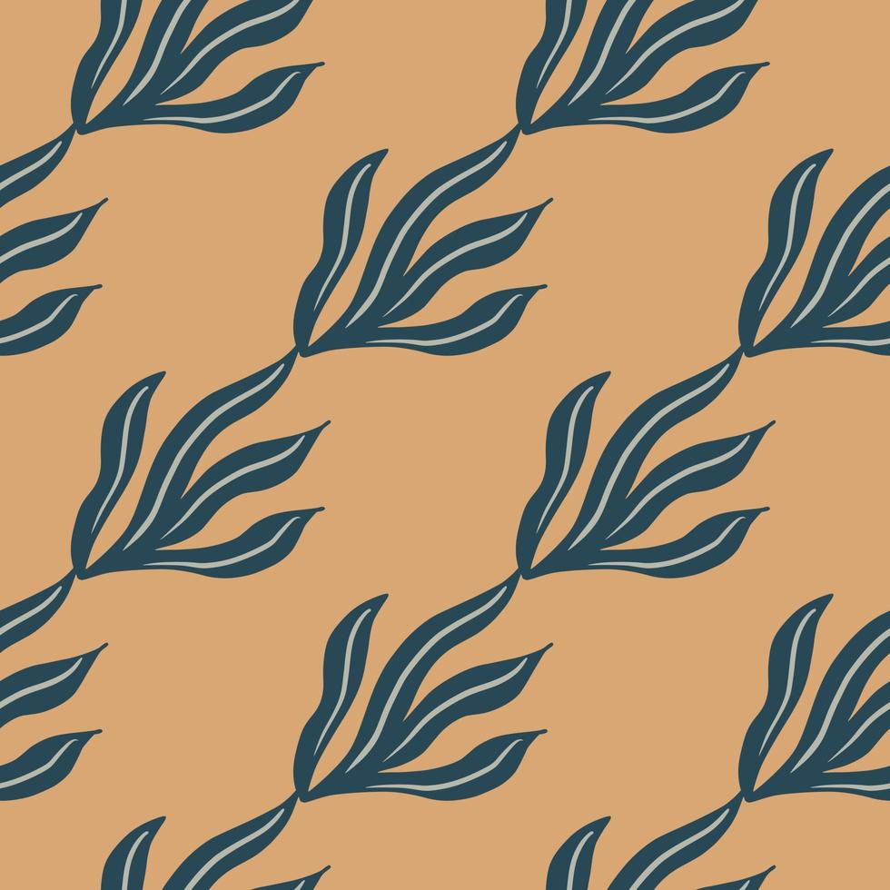 patrón sin costuras de paleta pastel con adorno de hojas vintage azul marino de garabato simple. fondo beige. vector