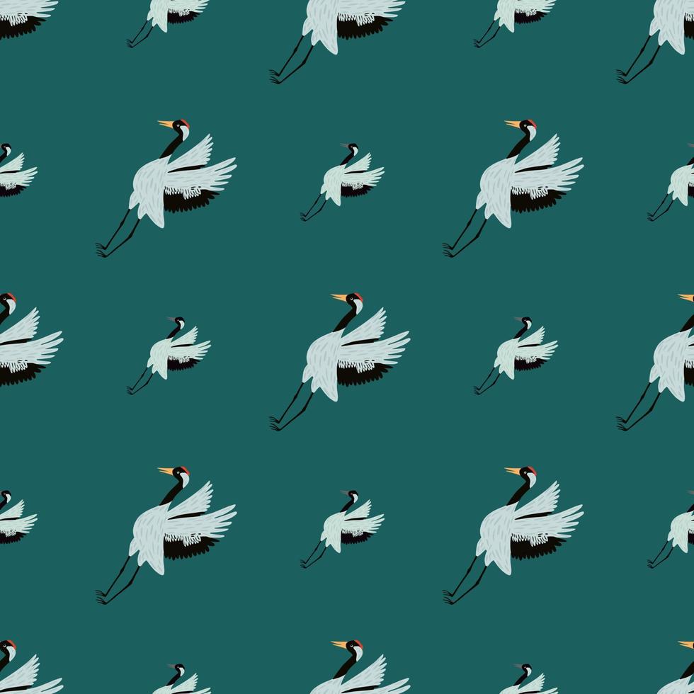 Seamless animal cartoon pattern with light crane bird print. Turquoise green background. Asian zoo hand drawn print. vector