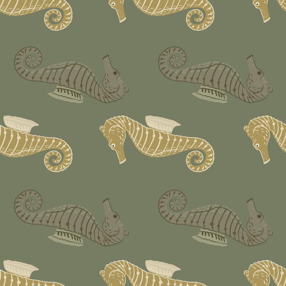 Aquatic pale seamless pattern with beige and rey colored seahorse elements. Marine exotic animal backdrop. vector