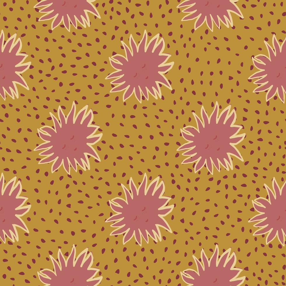 Sunshine cute faces seamless doodle pattern. Cartoon kids print in pale tones. Dark pink stars on ocher dotted background. vector