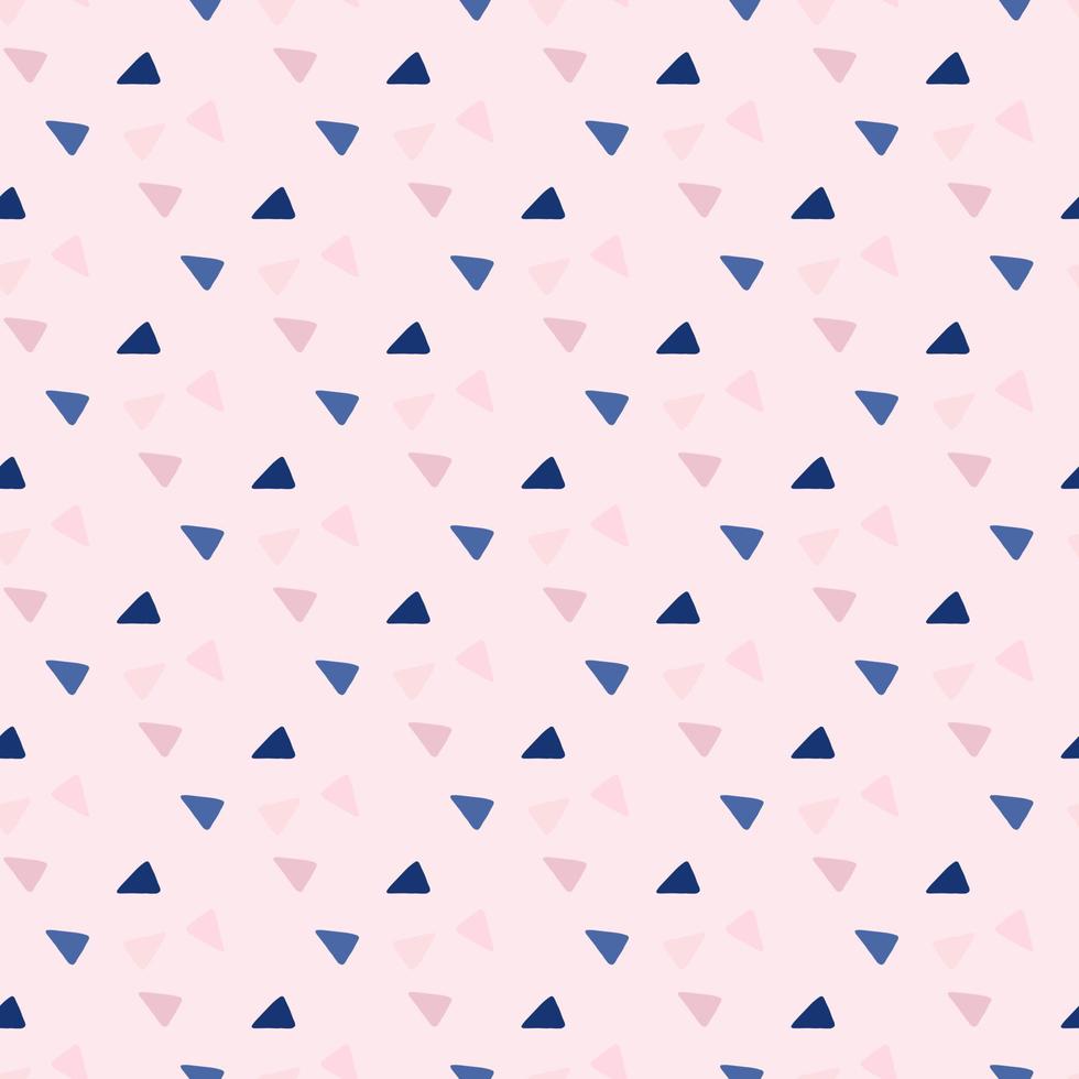Triangular shapes seamless pattern. Blue and lilac geometric elements on pink background. Abstract design. vector