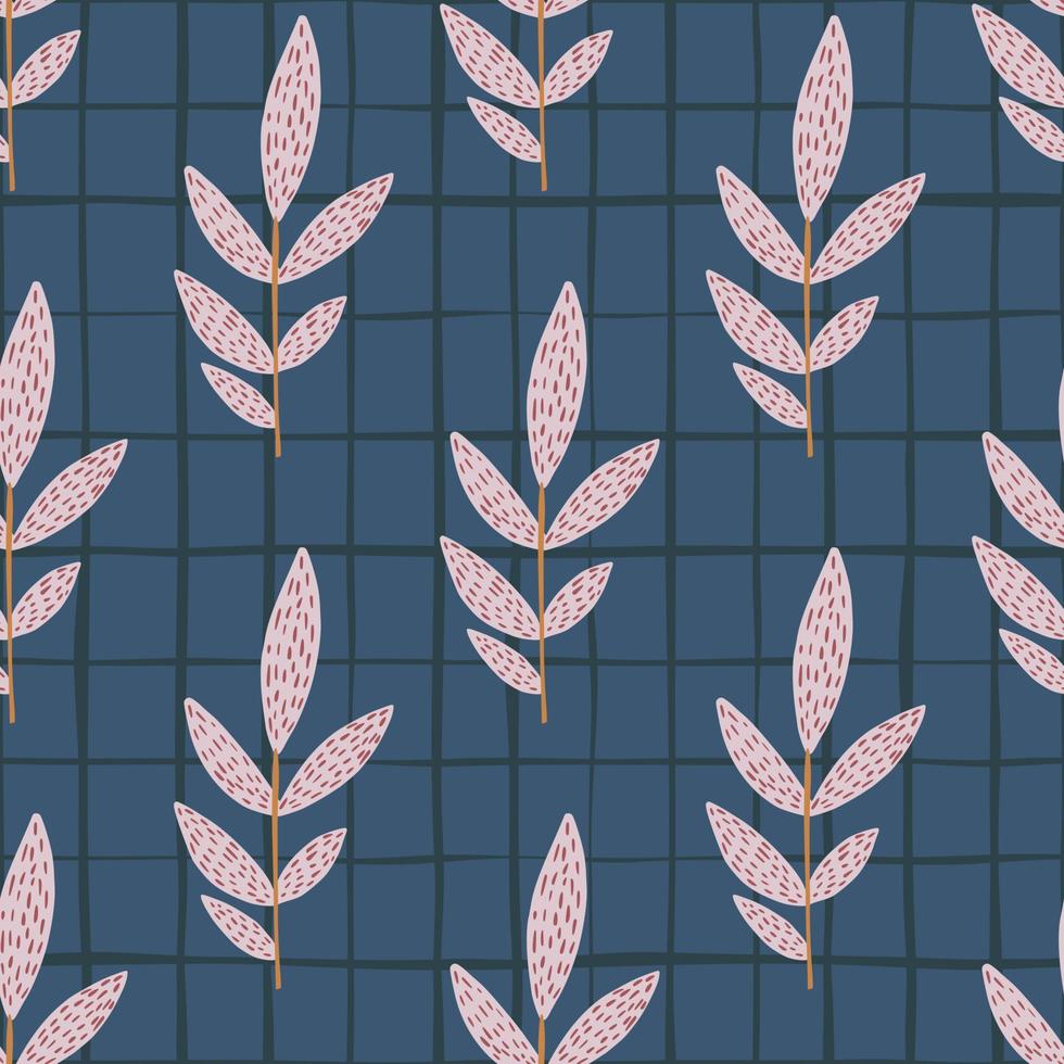 Pink dashed and vertical located branches on dark blue chequered background. Seamless pattern. vector