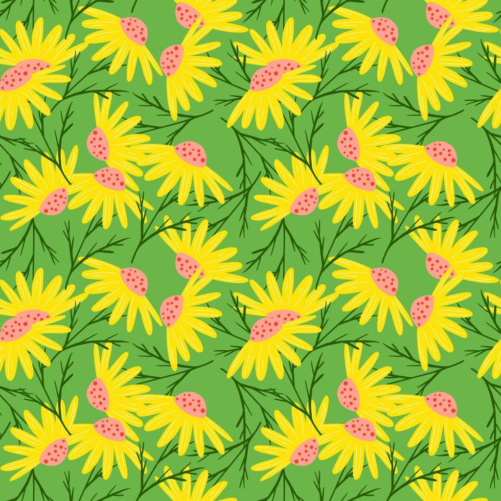 Modern style seamless pattern with random yellow daisy flower elements. Green background. Bloom print. vector