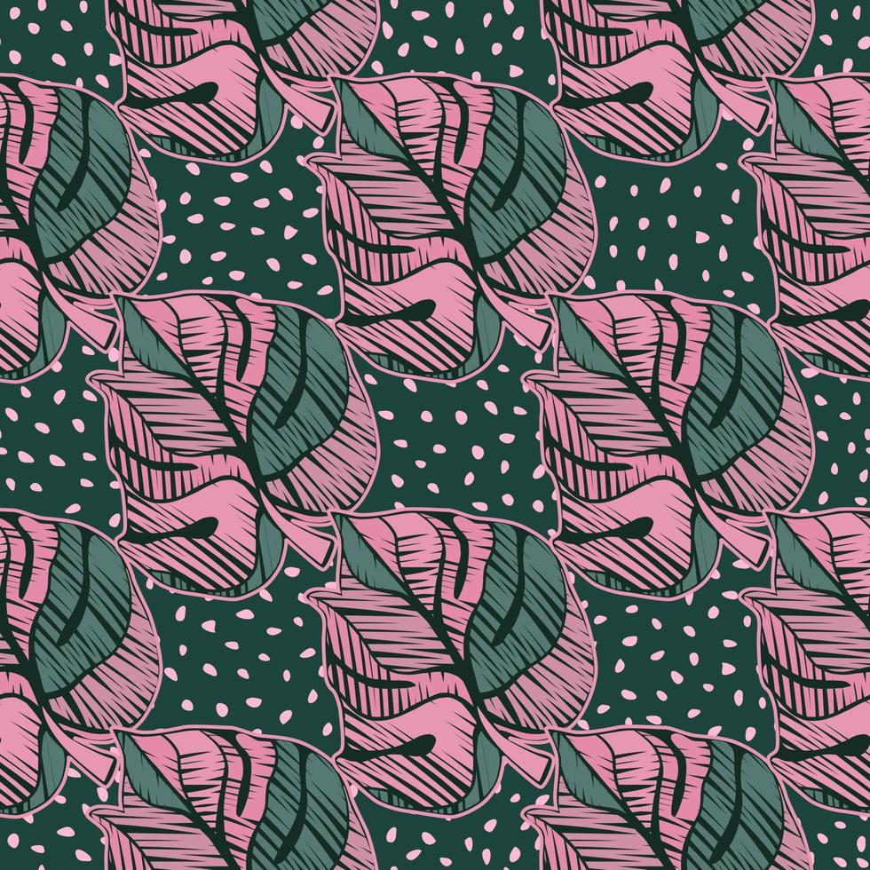 Scribble monstera leaves tropical seamless pattern. Embroidery palm leaf endless wallpaper. vector