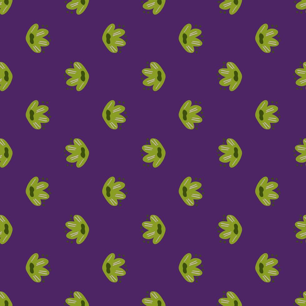 Abstract natural seamless pattern with green bright childish flowers elements. Purple background. Modern print. vector