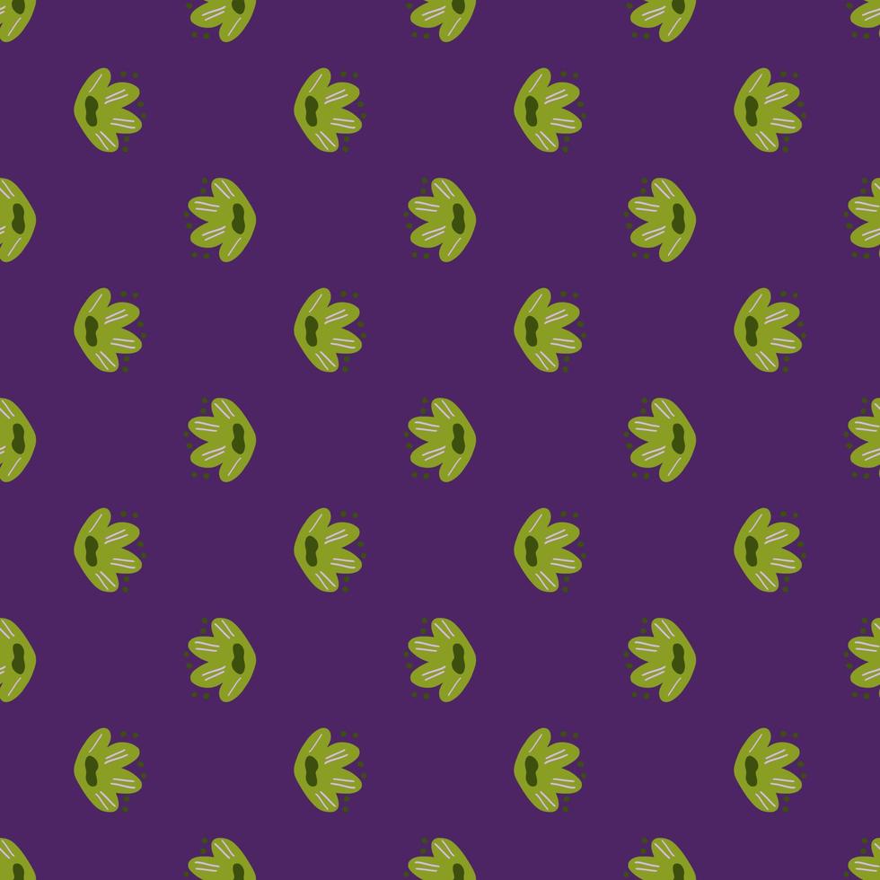 Abstract natural seamless pattern with green bright childish flowers elements. Purple background. Modern print. vector