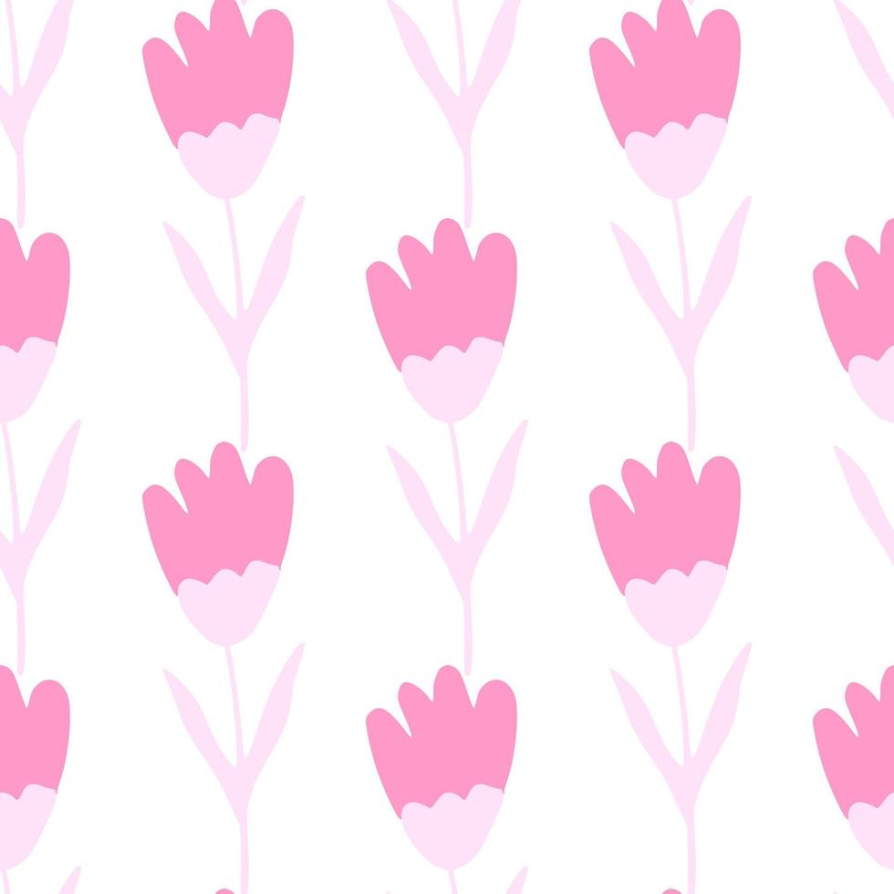 Pink tulip seamless pattern in doodle style on white background.Spring flower wallpaper. Floral backdrop. vector