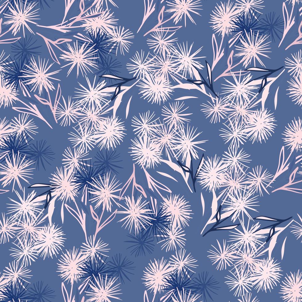 patrón aleatorio sin costuras con dientes de león dibujados a mano. flores blancas sobre fondo azul marino. telón de fondo floral simple. vector