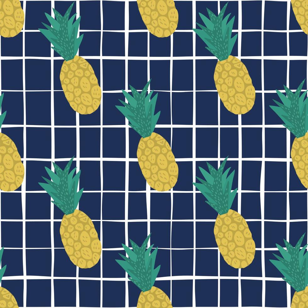 Doodle pineapple seamless pattern on lines background. Summer tropical fruits wallpaper. Organic fruit. Decorative backdrop vector