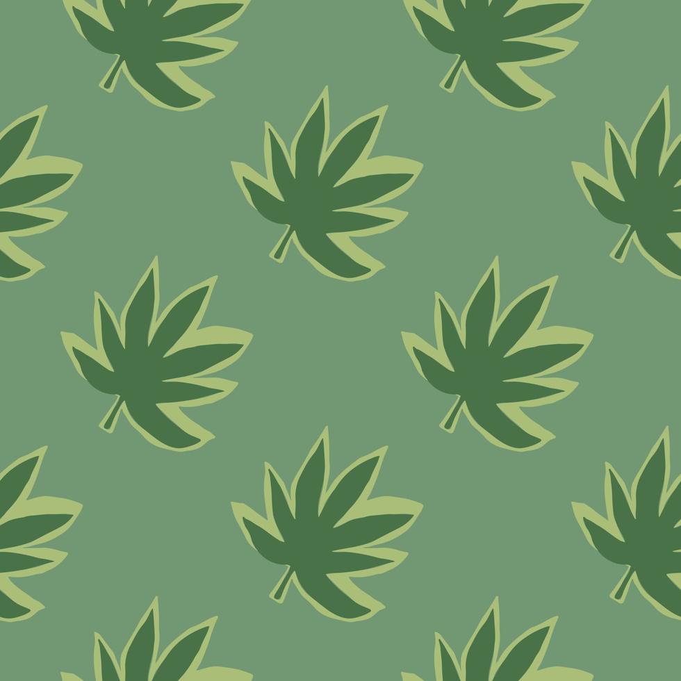 patrón sin costuras con hojas de cáñamo sobre fondo verde. papel pintado botánico. vector