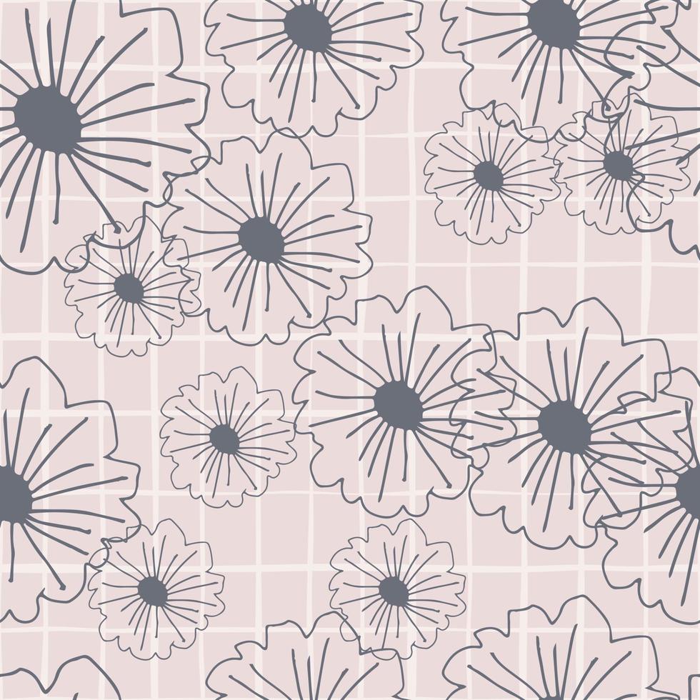 Geometric botanical seamless pattern with outline daisy flowers. Pastel pink background. vector