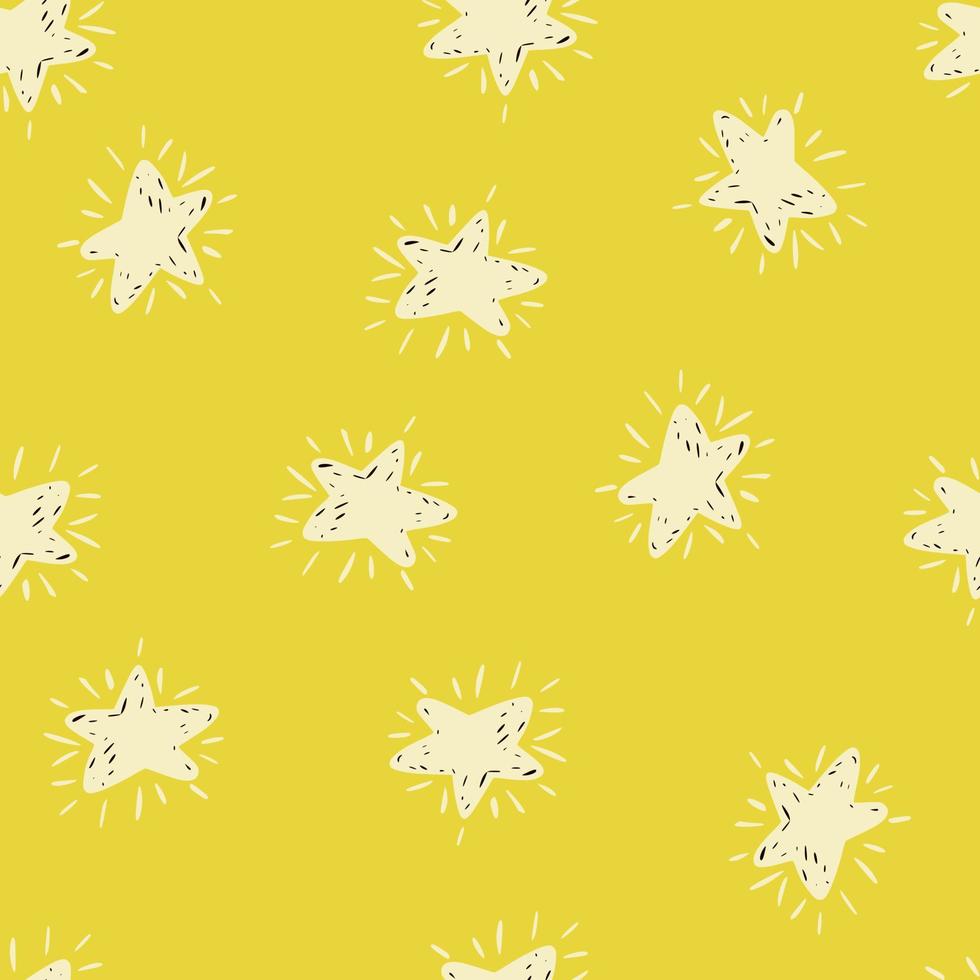 White stars silhouettes seamless hand drawn pattern. Yellow background. Cosmic backdrop. vector