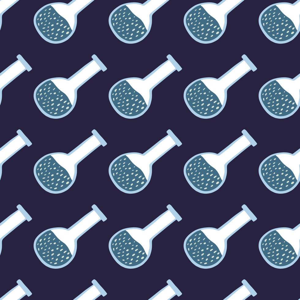 Blue colored flask seamless doodle pattern. Navy blue background. Chemical style print. vector