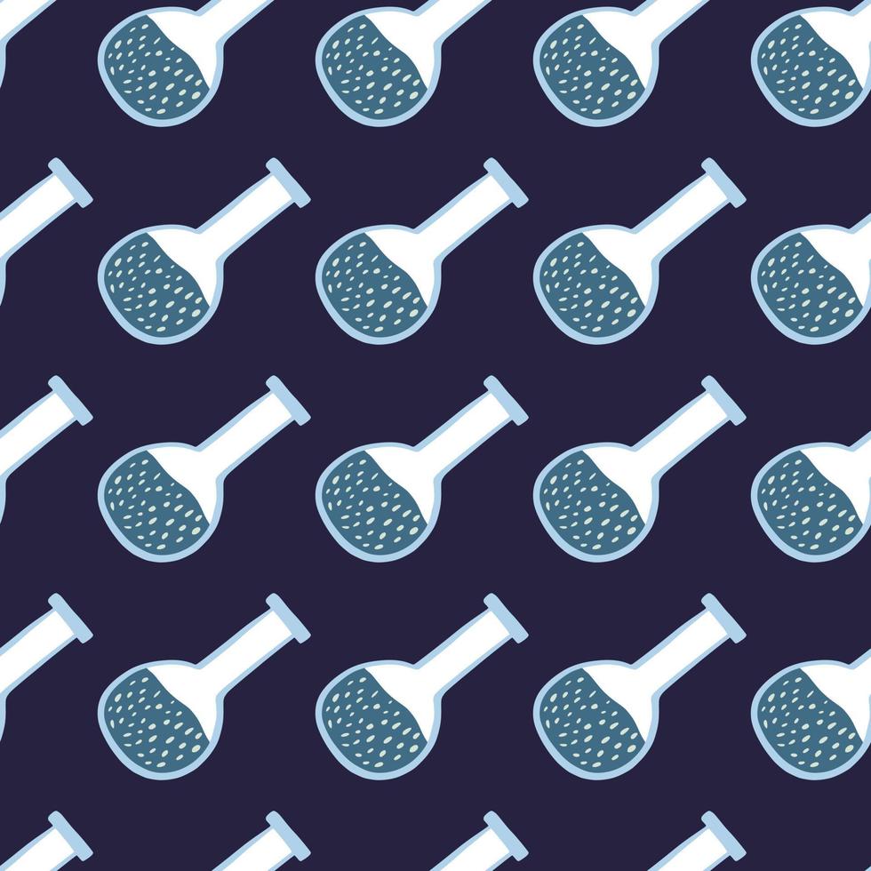 Blue colored flask seamless doodle pattern. Navy blue background. Chemical style print. vector