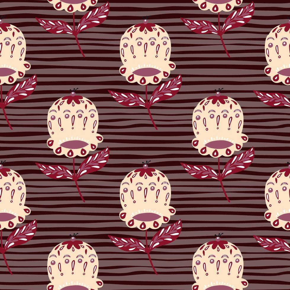 Nature seamless pattern with botanic folk style flower buds silhouettes. Dark brown striped background. vector