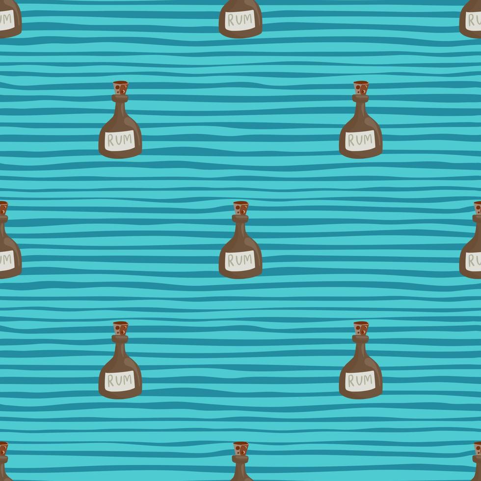 Flat bar liquid seamless pattern with minimalistic beige rum bottles shapes. Blue striped background. vector