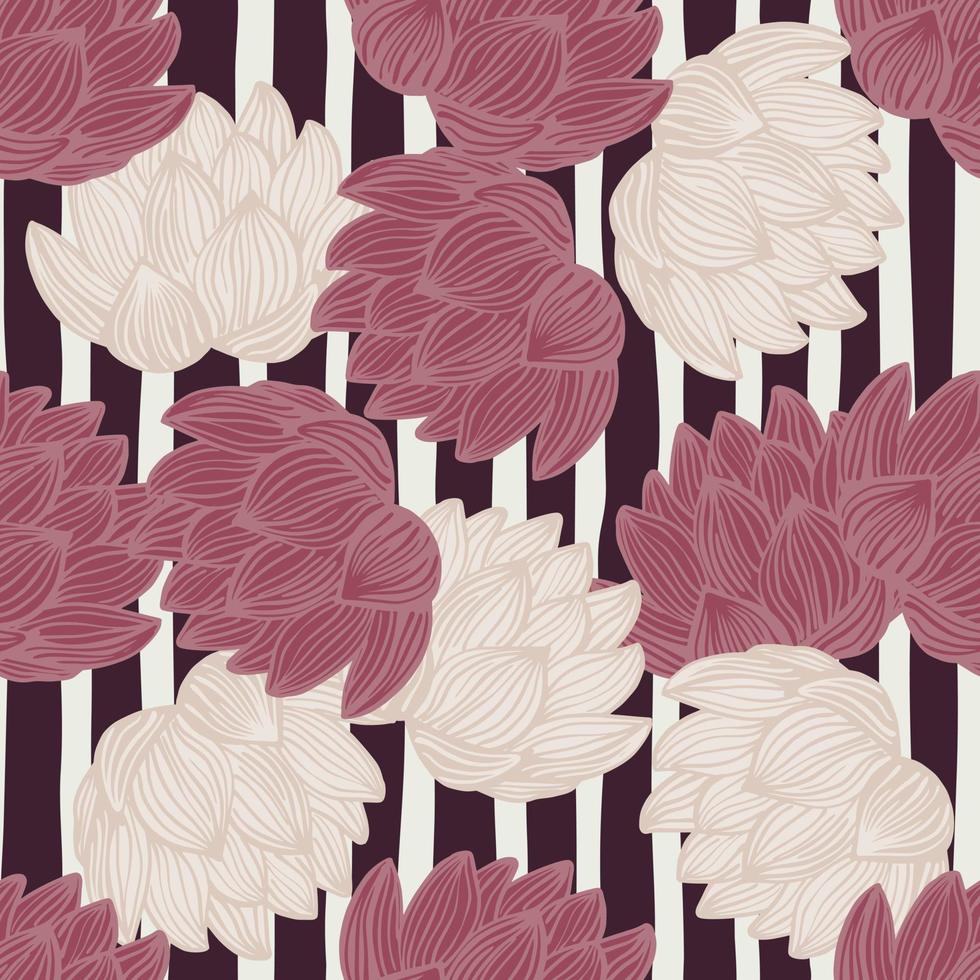 Abstract random hand drawn seamless pattern with light and pink colored lotus shapes. Striped background. vector