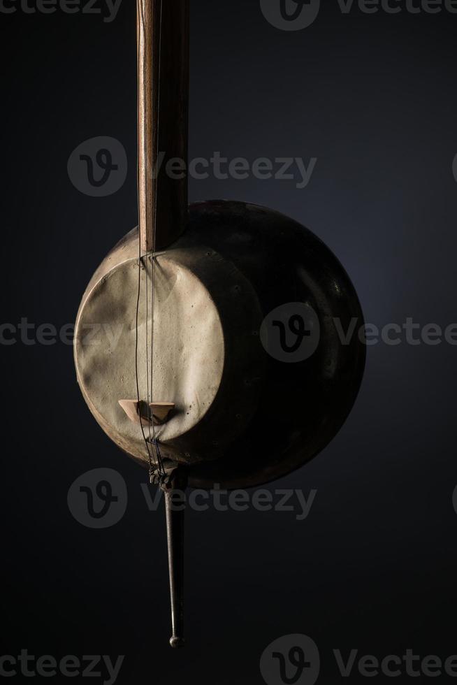 part ancient Asian stringed musical instrument on black background with backlight photo