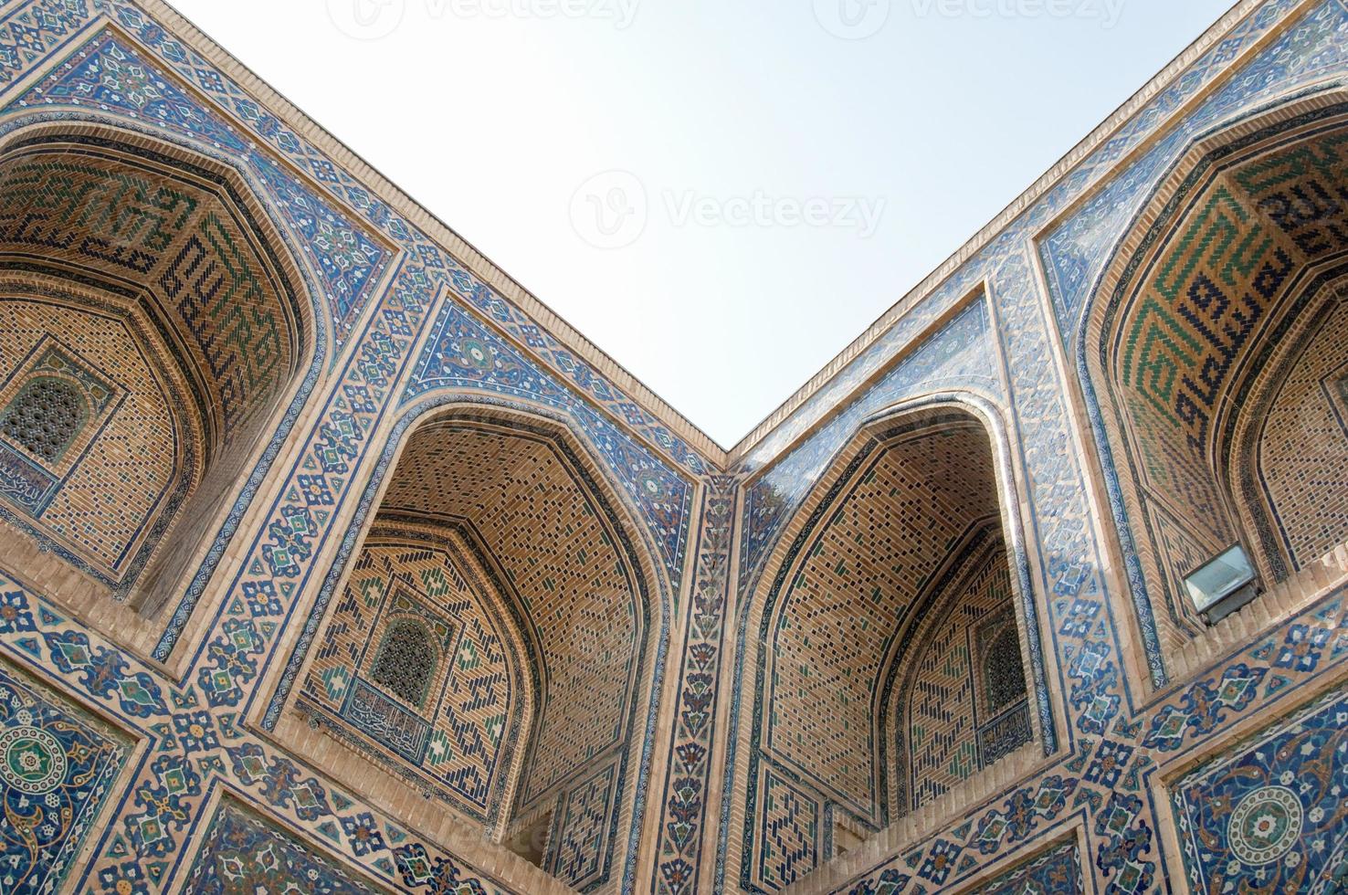 Arch and architecture of the ancient Registan in Samarkand. Ancient architecture of Central Asia photo