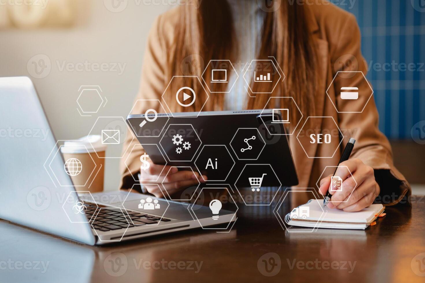 Businessman working with smart phone and laptop and digital tablet computer in  office with digital marketing media photo