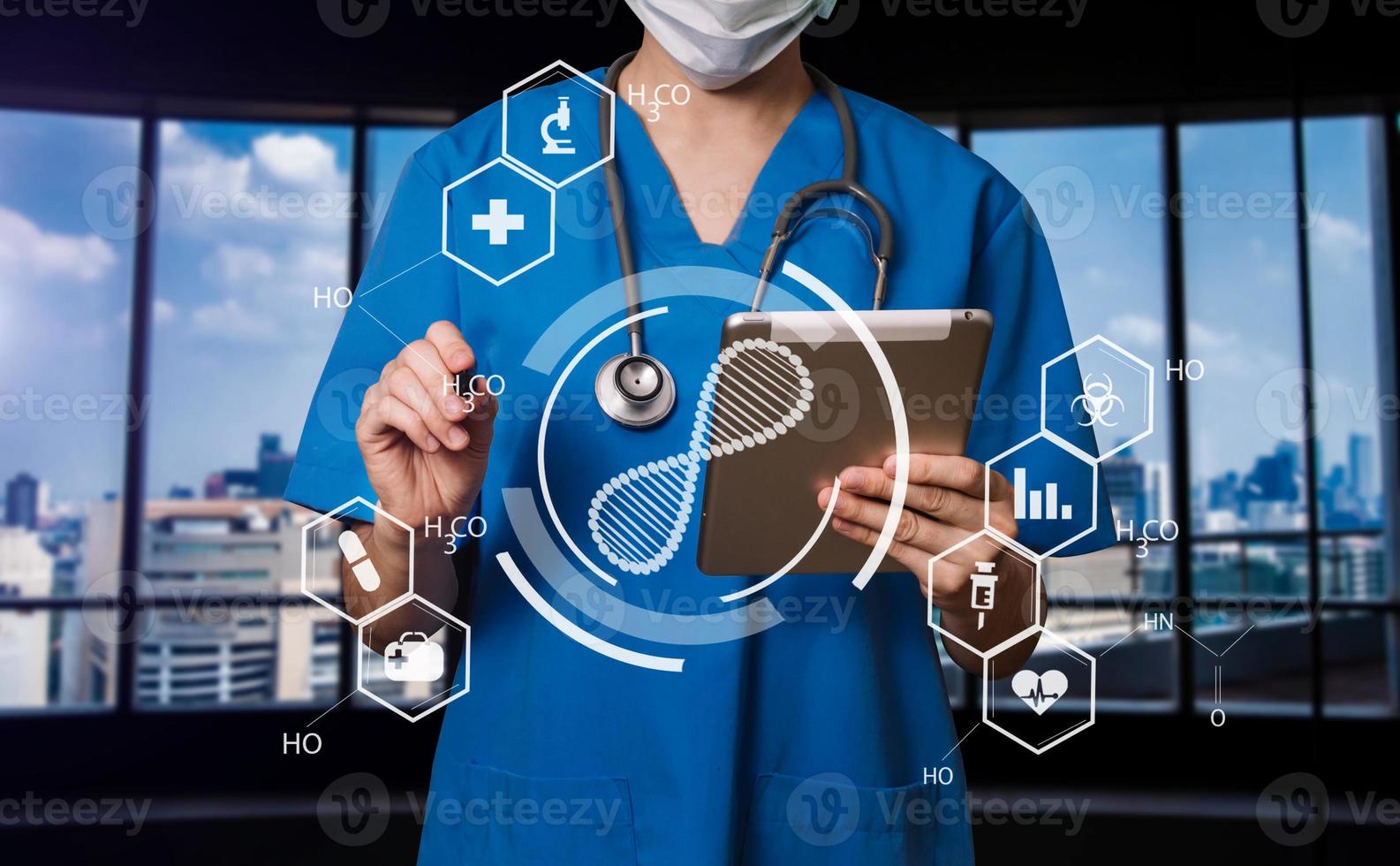 Health care and medical technology services concept with cinematography screen.Smart medical doctor working photo