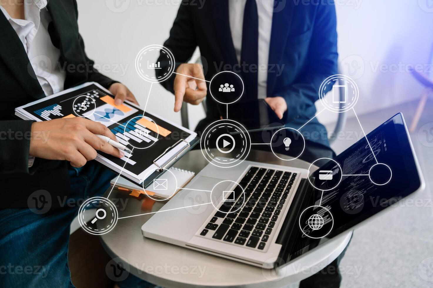 Business team partnership meeting. hand using laptop, tablet and smartphone  in office. in VR icon photo