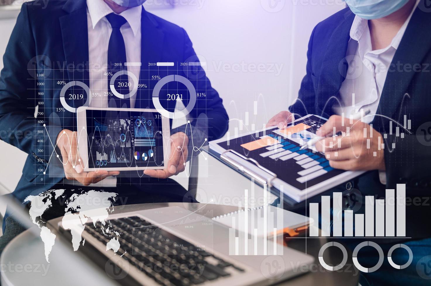 Data Management System with Business Analytics concept. business team hands working with provide information for Key Performance Indicators and marketing analysis onn virtual photo