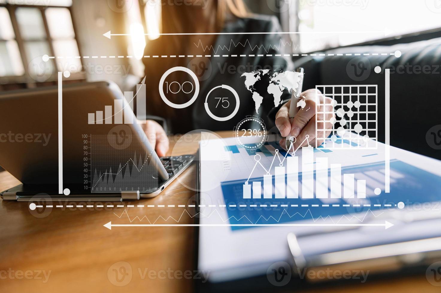 Data Management System with Business Analytics concept. business team hands working with provide information for Key Performance Indicators and marketing analysis onn virtual photo