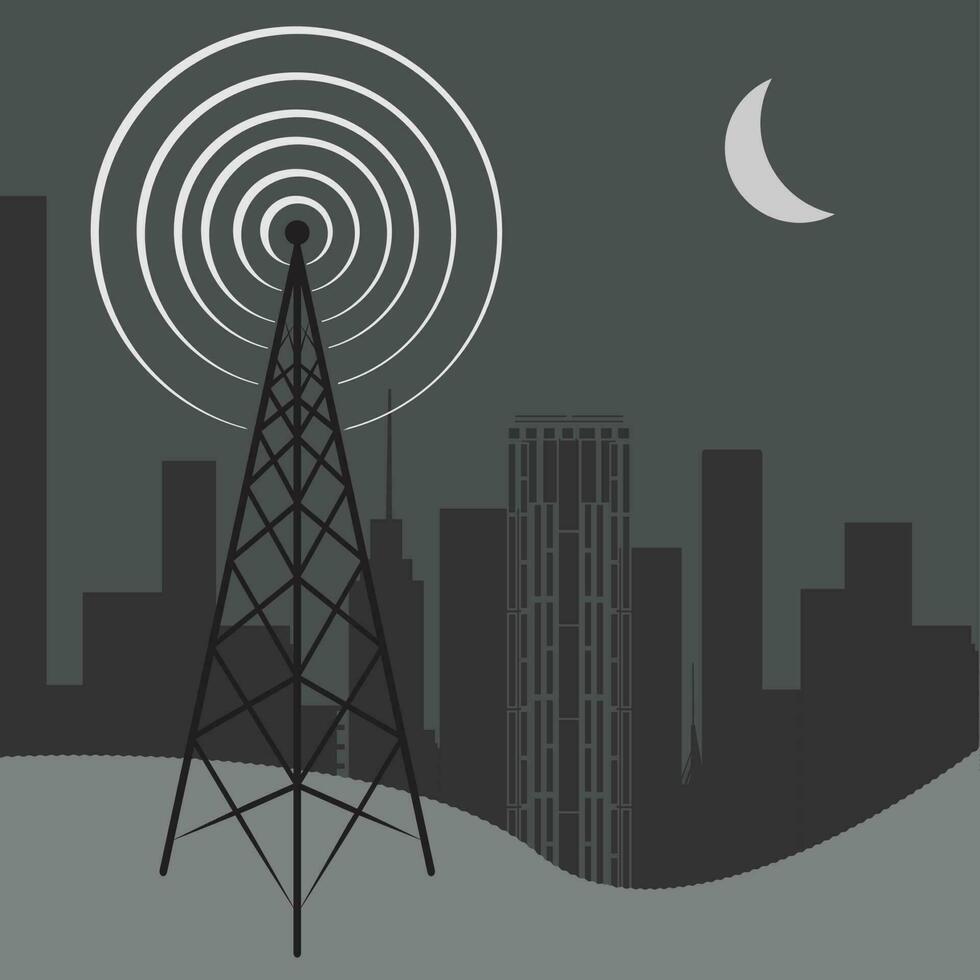 Radio tower broadcasting to a sleepy city at night vector