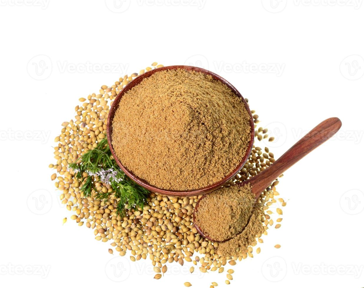 Coriander seeds, Fresh Coriander and Powdered coriander isolated on white background. photo