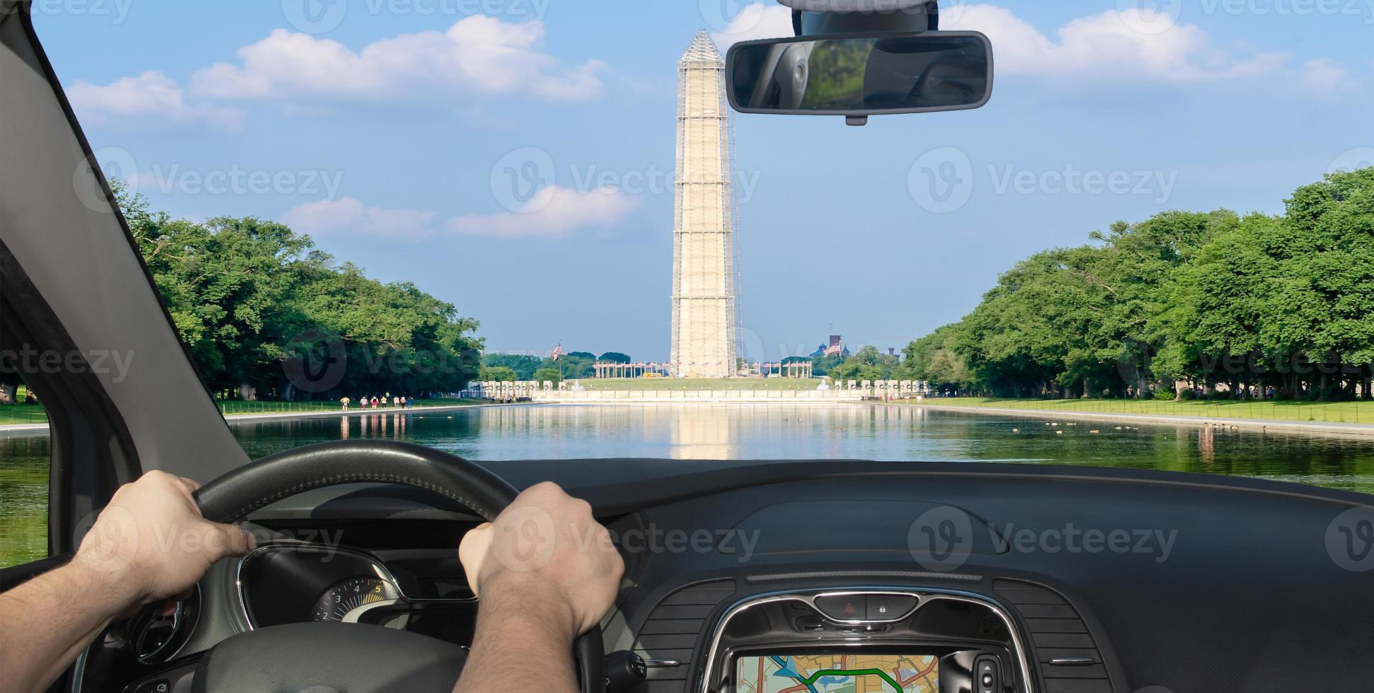 Driving a car towards Washington Monument, Washington DC, USA photo