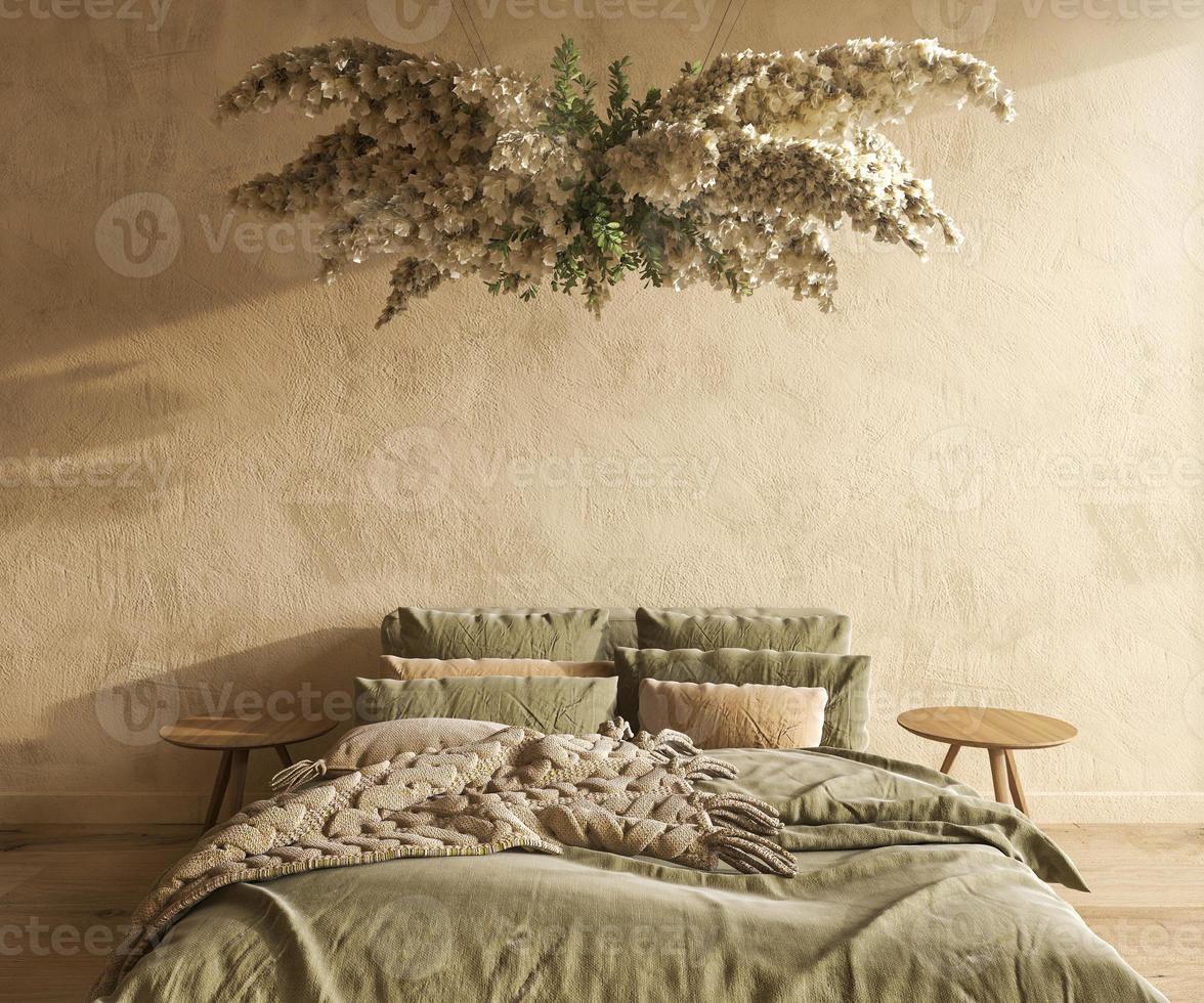 maqueta de dormitorio interior de casa de campo. cama con manta verde y candelabro con flores secas. 3d render ilustración estilo rústico en pared beige vacía. foto
