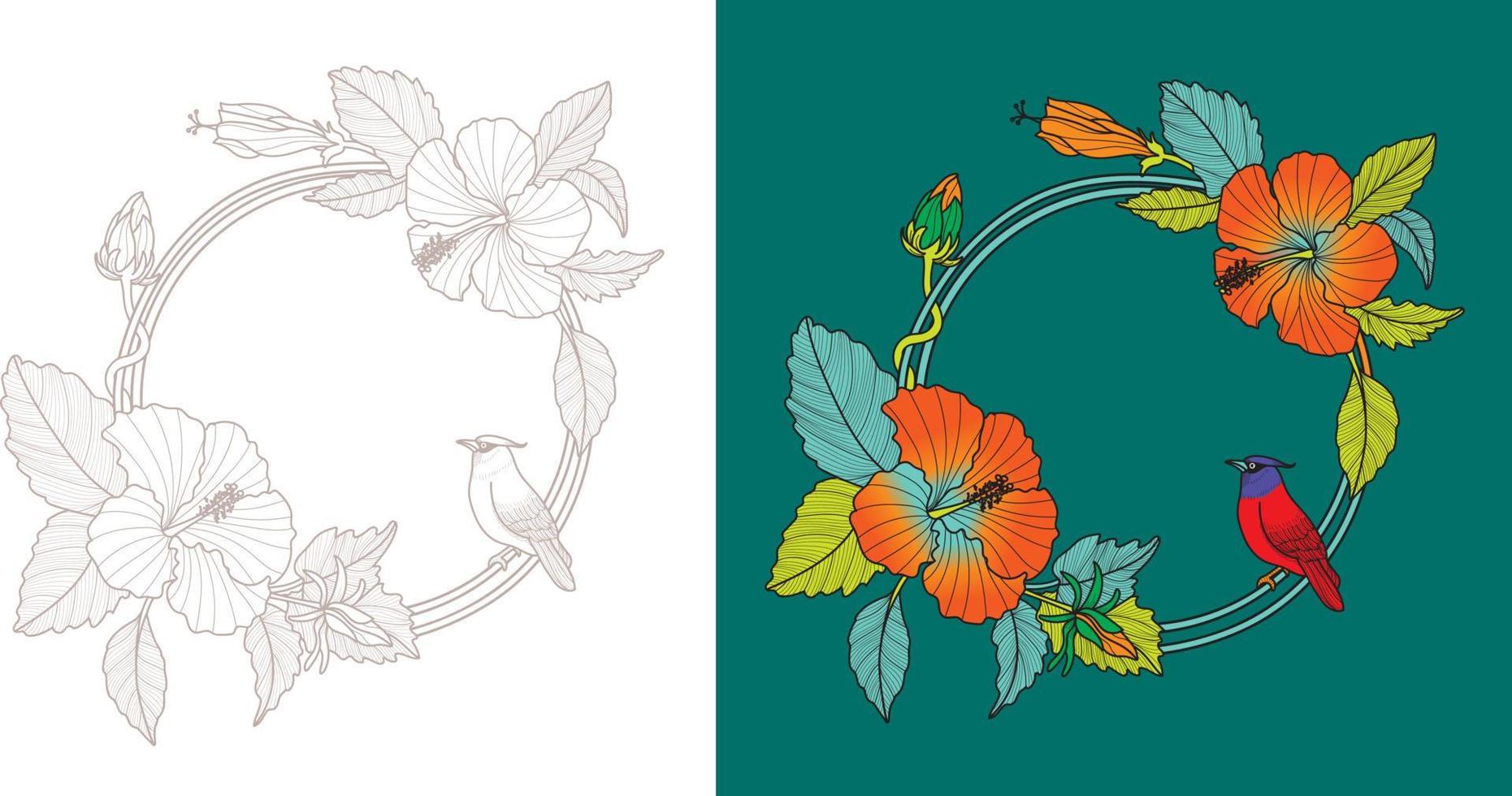 flower frame with circular border and bird vector