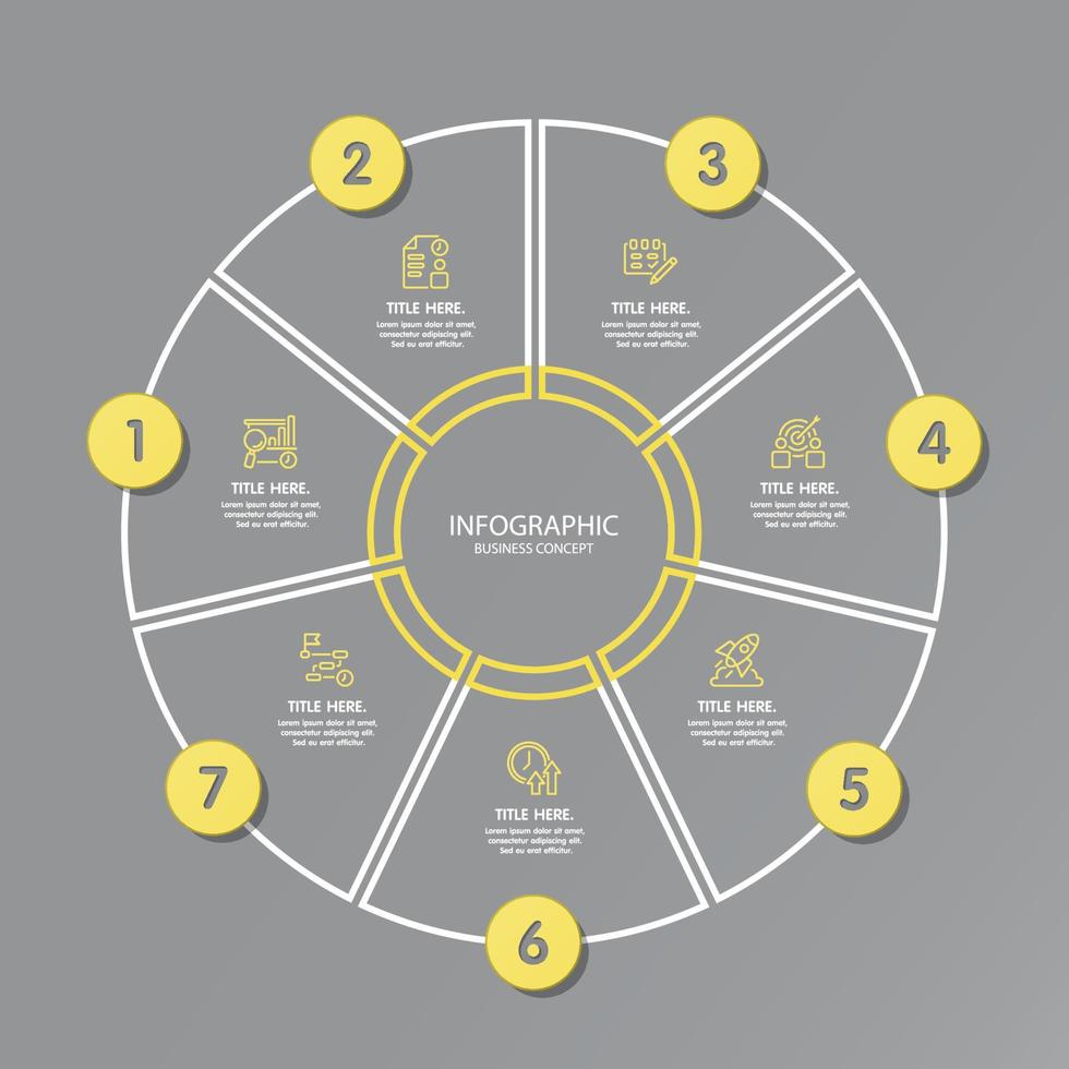 colores amarillo y gris para la infografía circular con iconos de líneas finas. 7 opciones o pasos para infografías. vector