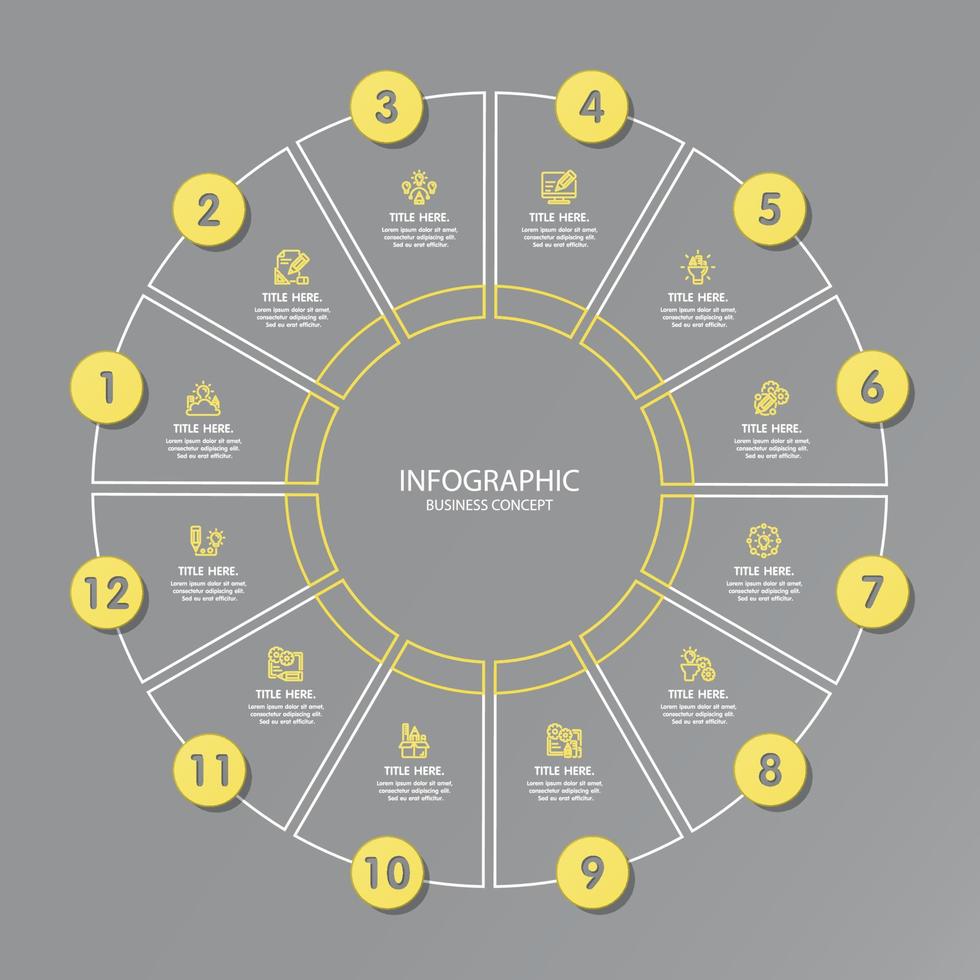 Yellow and Gray colors for circle infographic with thin line icons. 12 options or steps for infographics. vector