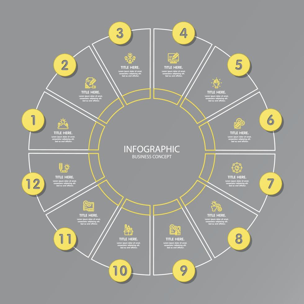 colores amarillo y gris para la infografía circular con iconos de líneas finas. 12 opciones o pasos para infografías. vector