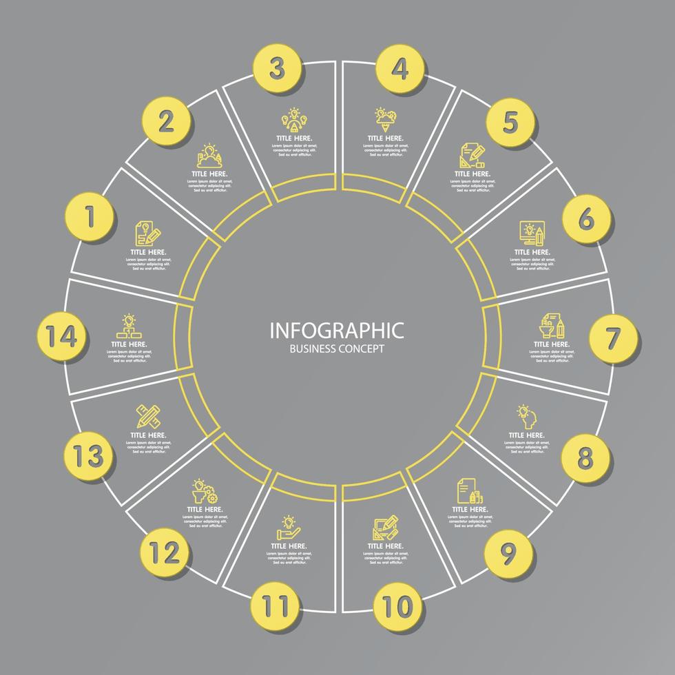 colores amarillo y gris para la infografía circular con iconos de líneas finas. 14 opciones o pasos para infografías. vector