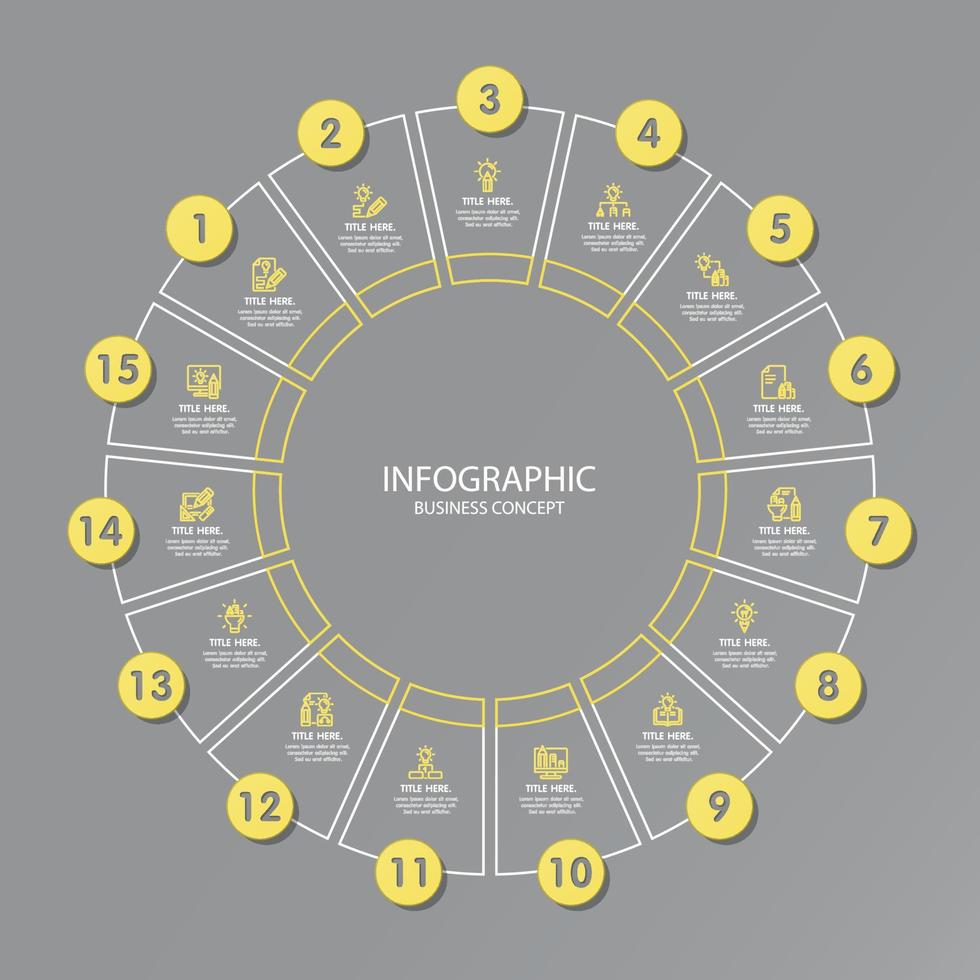 colores amarillo y gris para la infografía circular con iconos de líneas finas. 15 opciones o pasos para infografías. vector